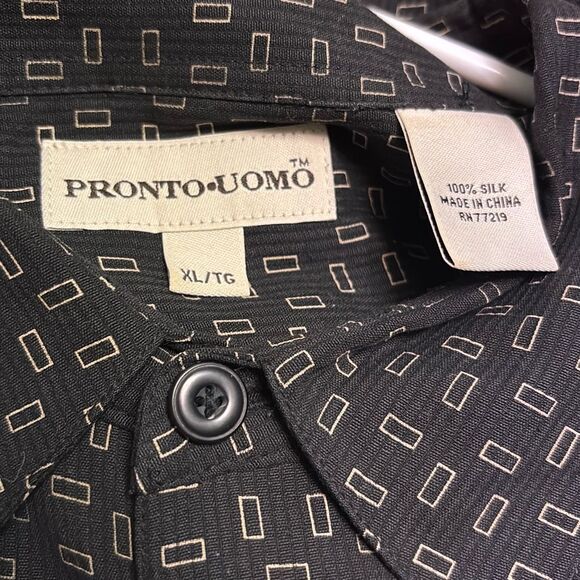 Pronto Uomo 100% Silk Shirt Geometric Rectangle Pattern Black White Men XL EUC - Picture 5 of 5